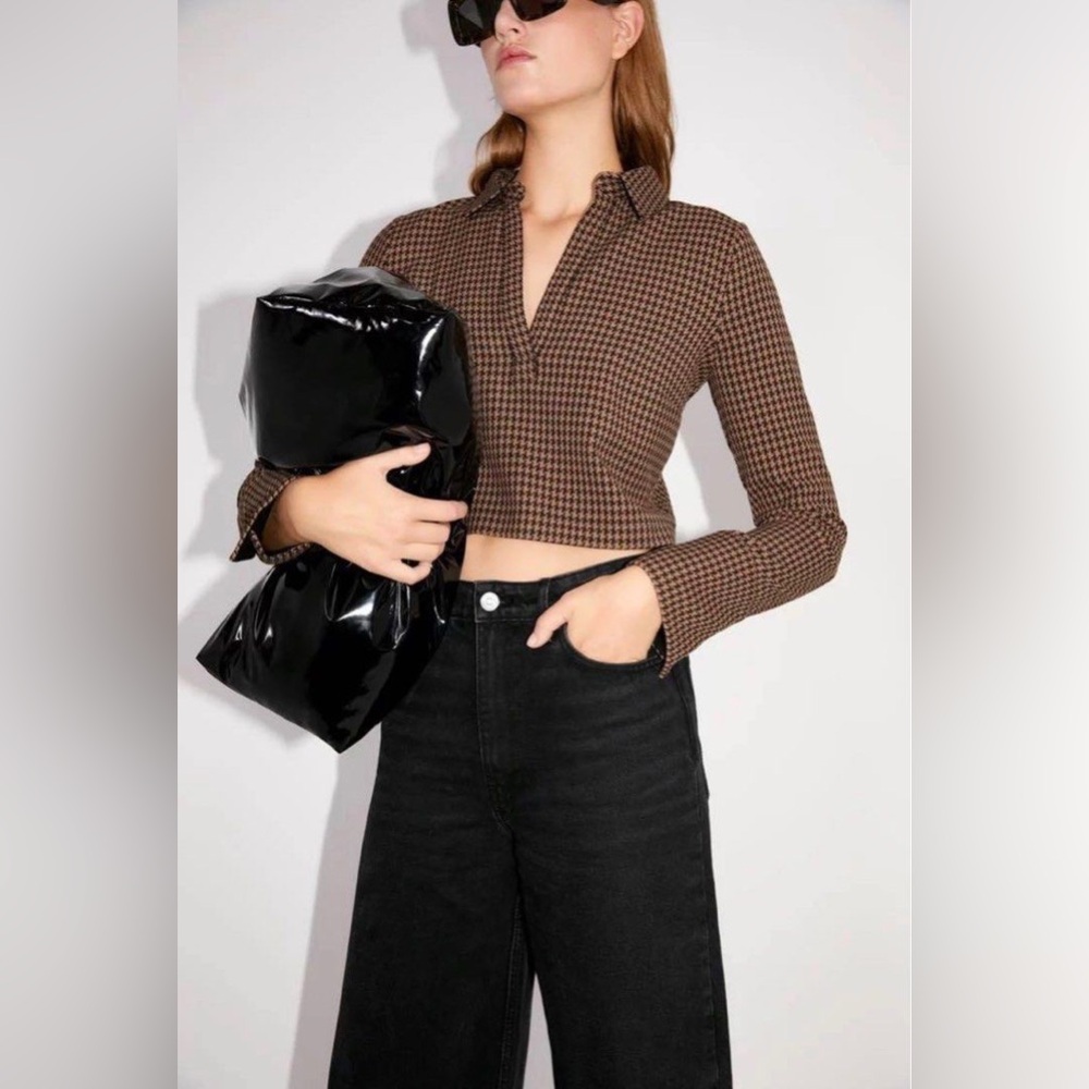Zara NWOT Houndstooth V-Neck Collared Crop Top Blouse Long Sleeve Size XS Brown